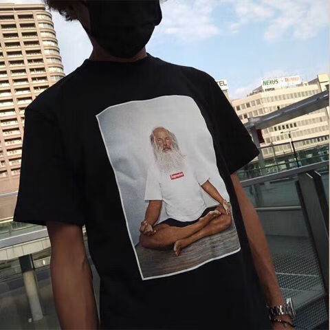 潮牌supreme联名同款高版本 21fw tee 白胡子老头冥想人物照片短袖