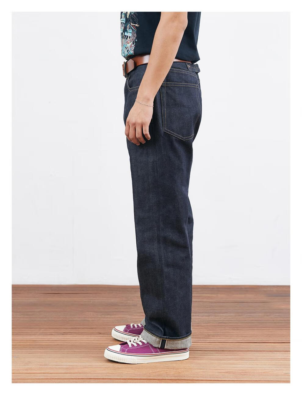 冈山赤耳丹宁 男女美式复古 直筒宽松原色牛仔裤 13.