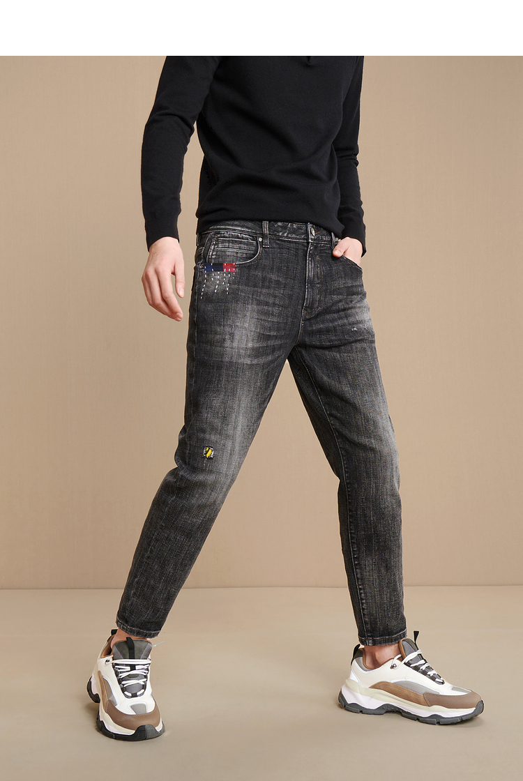 hla海澜之家hla/海澜之家宽松窄脚九分裤经典简约破洞贴布牛仔裤男
