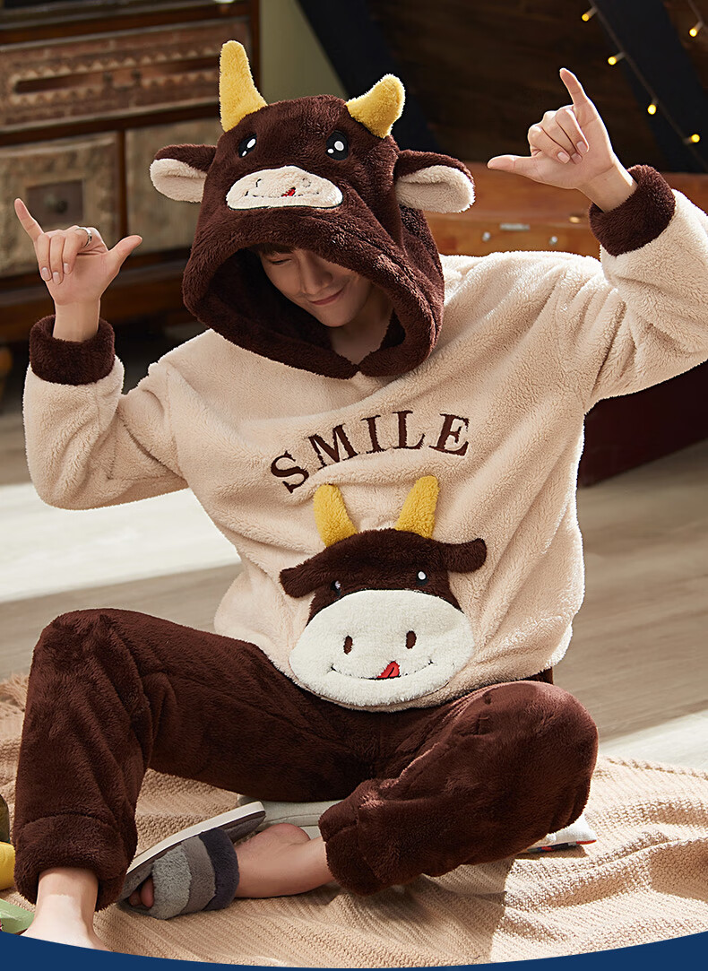 冬季加厚珊瑚绒秋冬款法兰绒学生保暖冬天家居服男款套装 q6607小牛男