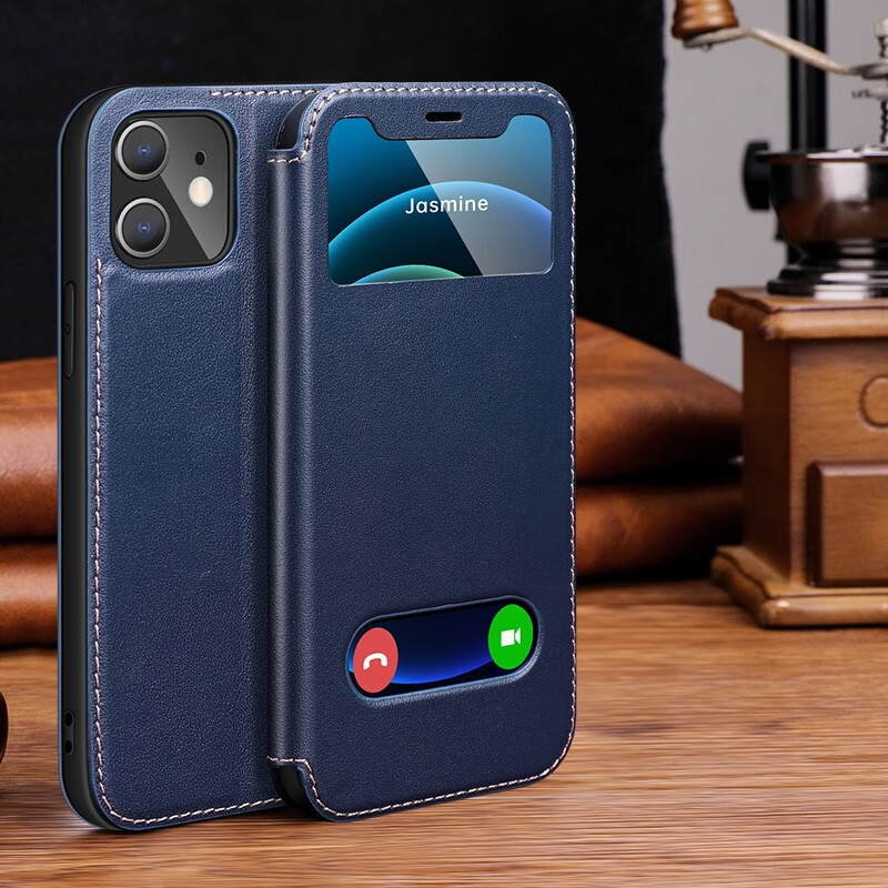 ixniphone12mini手机壳翻盖式真皮套苹果12promax智能开窗防摔头层