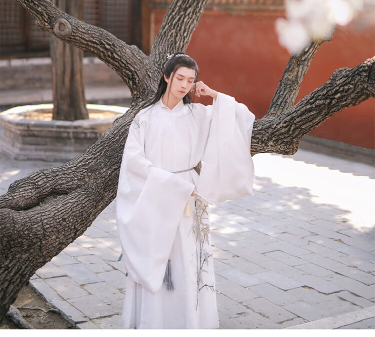 白色古风男士情侣仙气男生套装中国风古装春秋白色圆领袍中衣全套xl