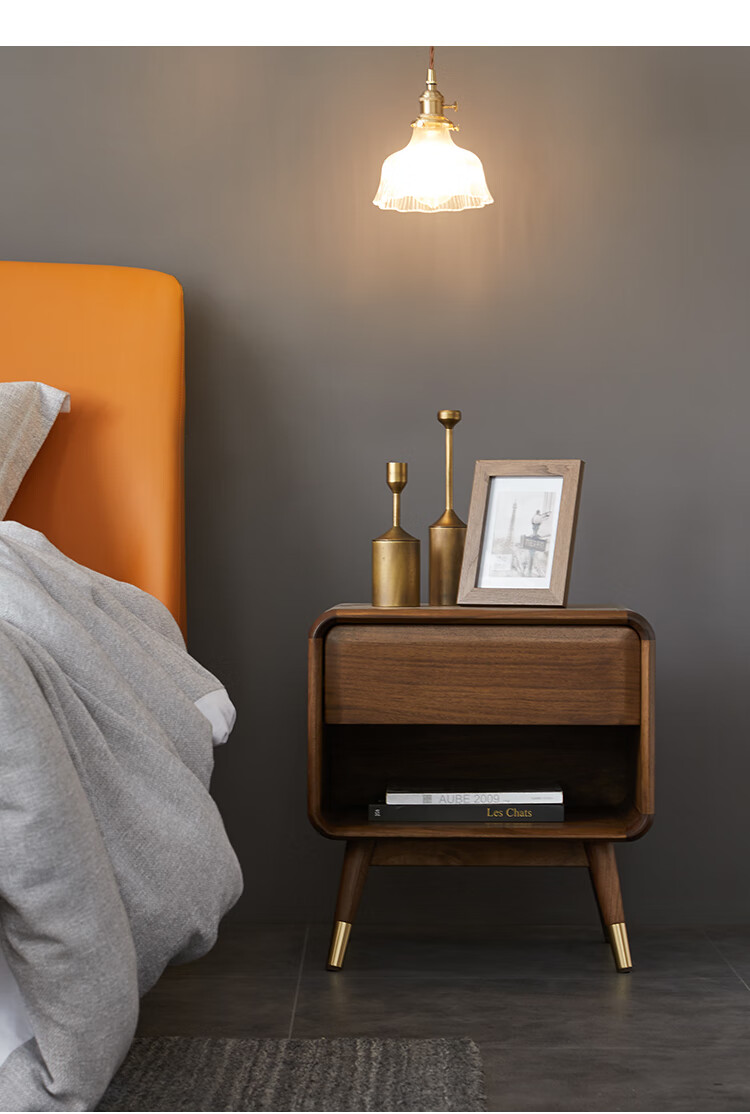 骄鹿北美黑胡桃木床头柜实木北欧原木小户型卧室置物