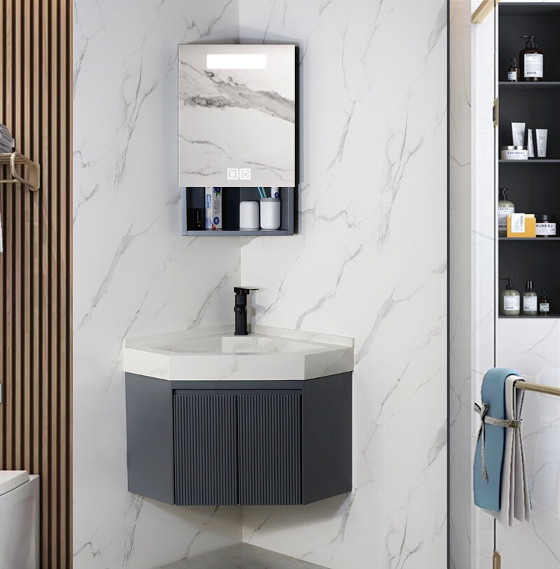 智能三角镜柜实木浴室柜卫生间厕所转角柜简约置物架壁挂式 智能镜柜