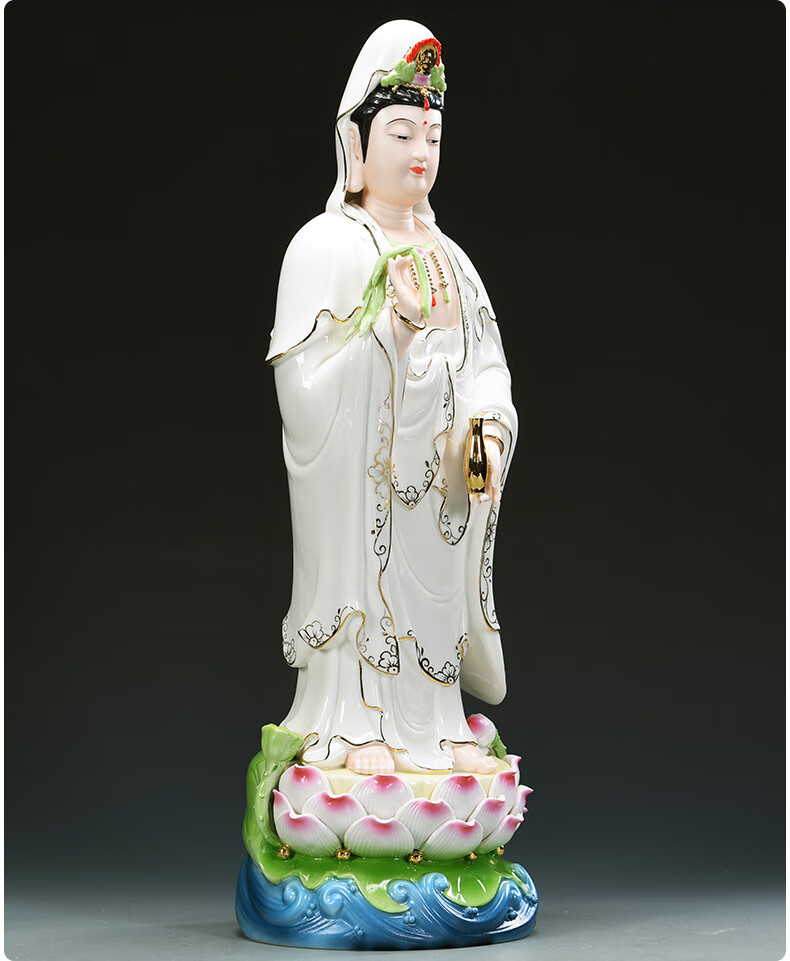 站立莲观音佛像南海观世音菩萨站像陶瓷佛堂供奉观音摆件15寸站莲观音