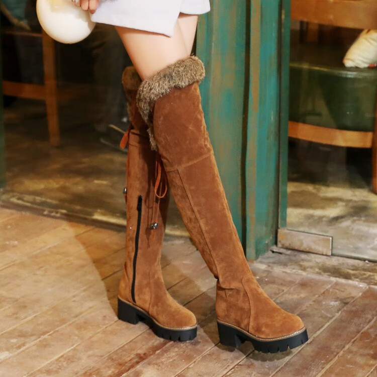 2017冬季兔毛毛长筒靴加绒加厚雪地靴过膝高筒长靴中跟粗跟女棉鞋