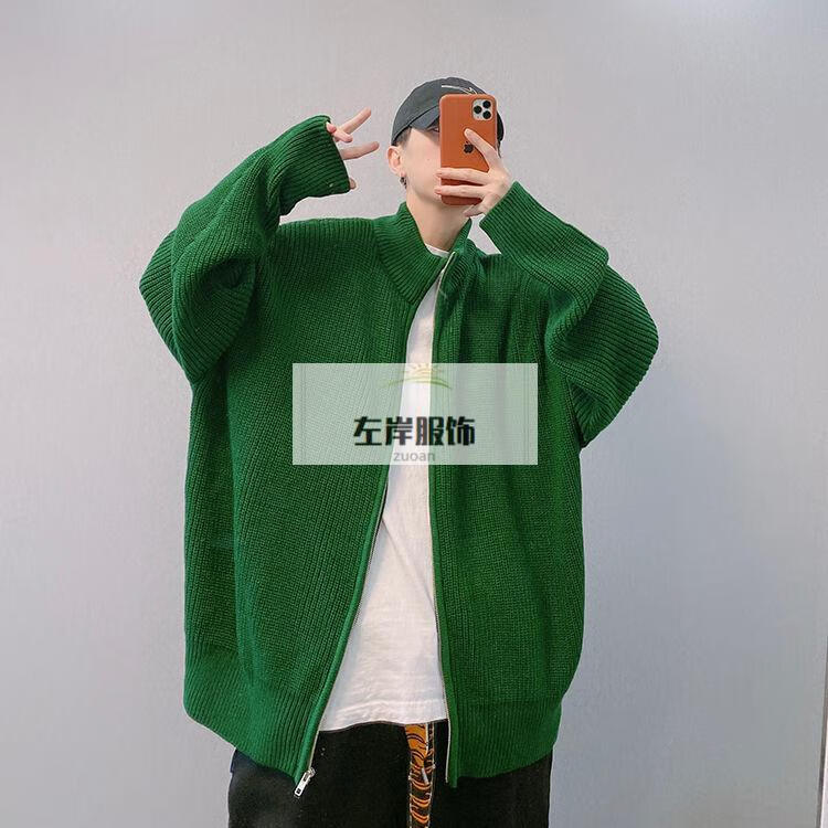 拉链针织衫男秋冬大版本绿色时髦拉链立领毛衣外套男ff灰色xl
