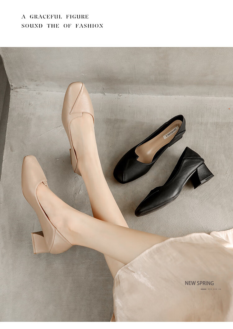 夏天女皮鞋女式真皮单鞋半高跟方头粗跟中跟职业工作鞋裸色39