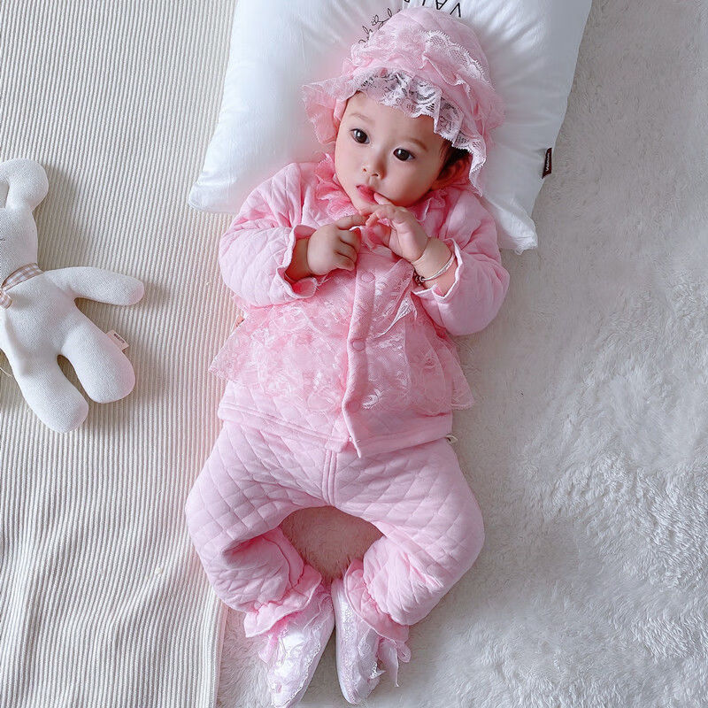 秋装女婴年服冬周岁可爱女孩礼服套装 红色夹棉衣帽裤子发带短袜鞋 73