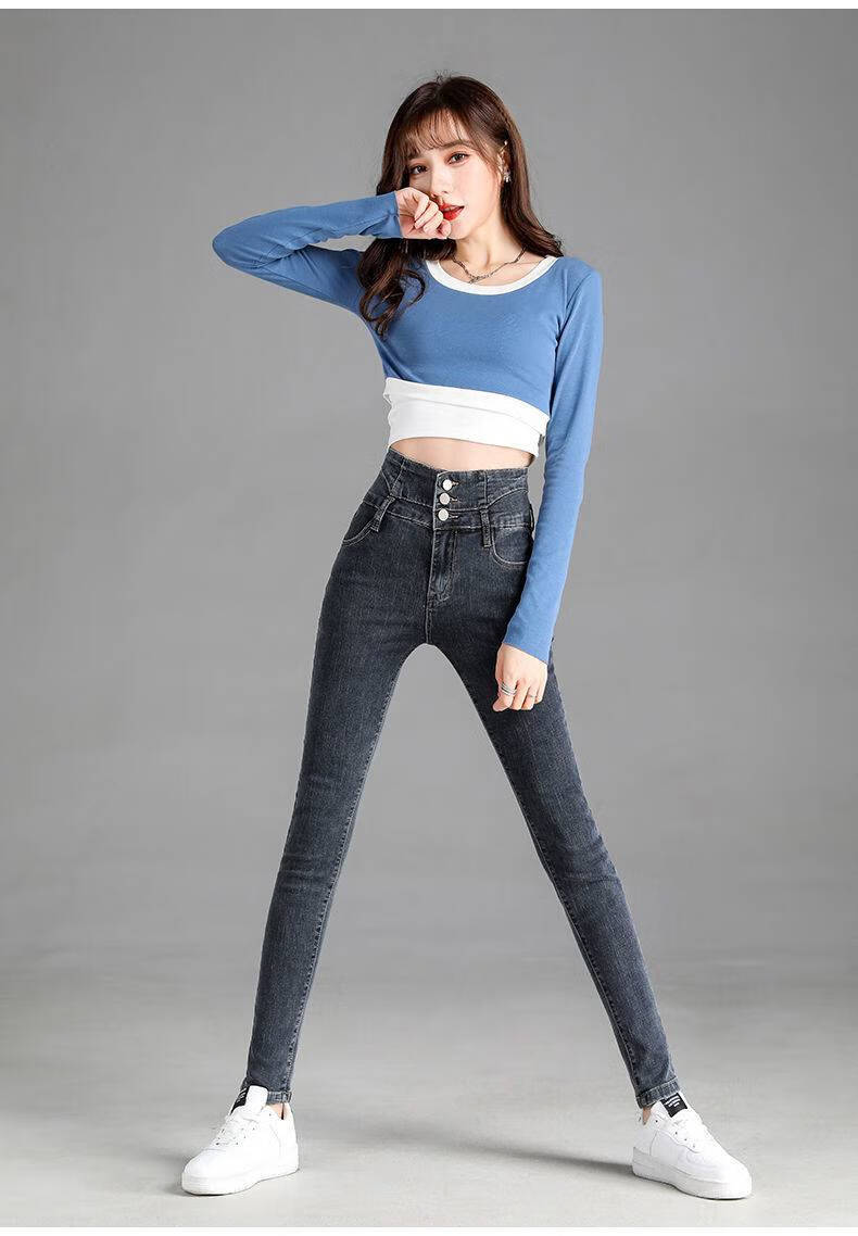 好品质】以舟超高腰牛仔裤女新款收腹显瘦修身弹力紧身铅笔小脚裤潮