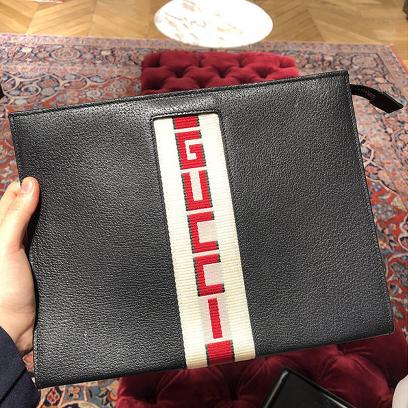 【中检鉴定】gucci/古驰男士牛皮手拿包 古奇字母logo条纹手包黑色