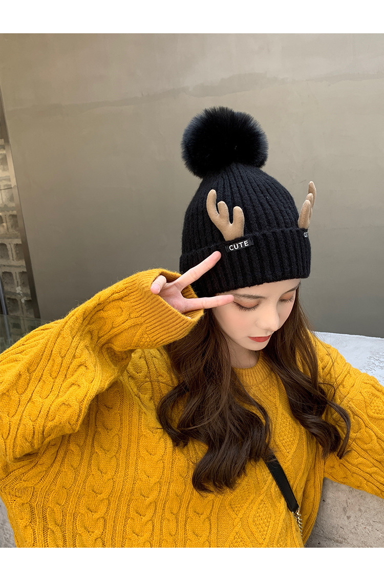 鲜卡2021新款帽子女冬季保暖加厚护耳可爱鹿角帽韩版百搭针织毛线帽