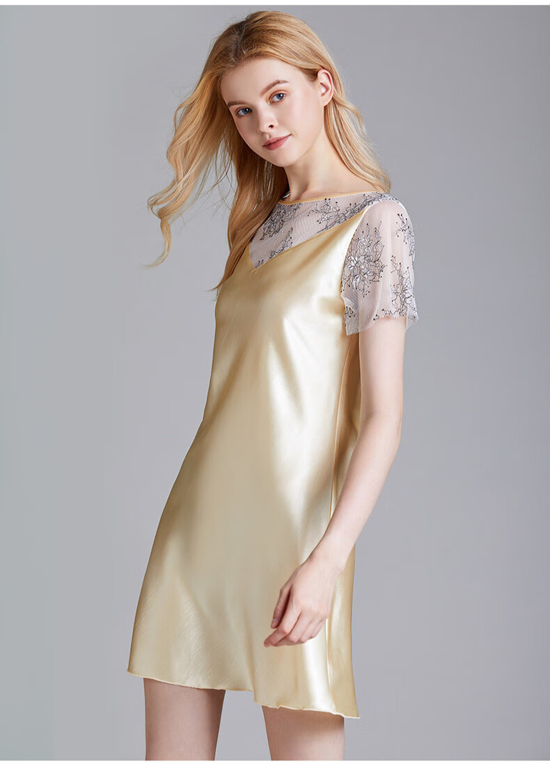 loucatoo轻奢品牌冰丝睡衣女夏丝绸性感网纱刺绣拼接薄款短袖睡裙女