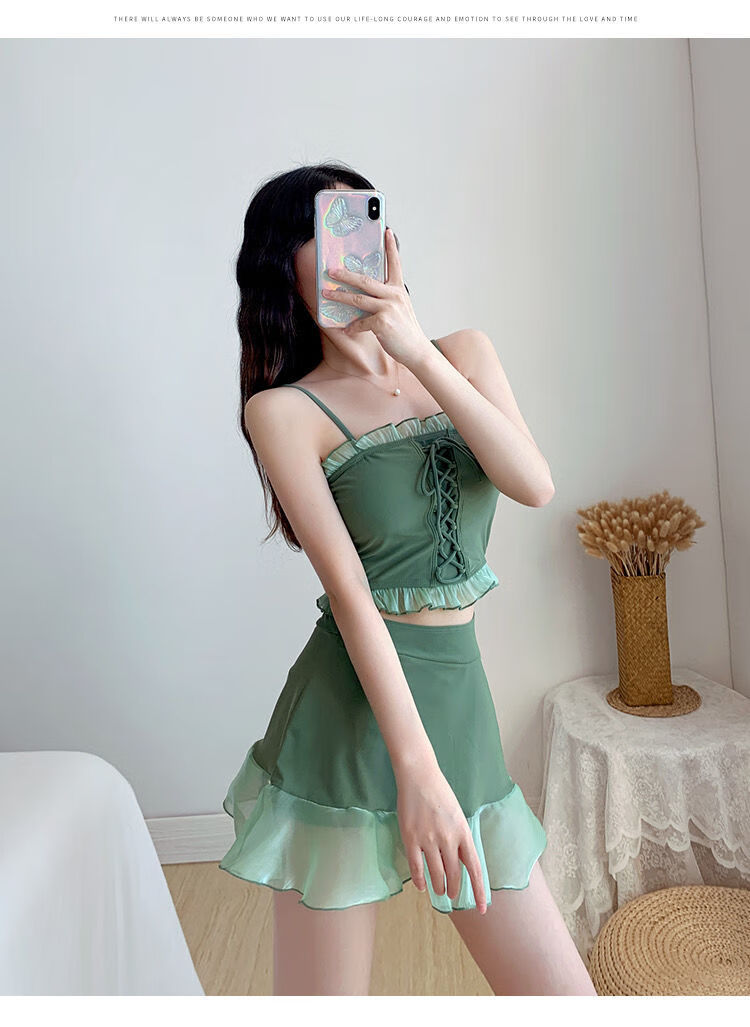 kxke 日系复古吊带拼接显瘦分体两件套泳衣ins简约荷叶边少女温泉泳装