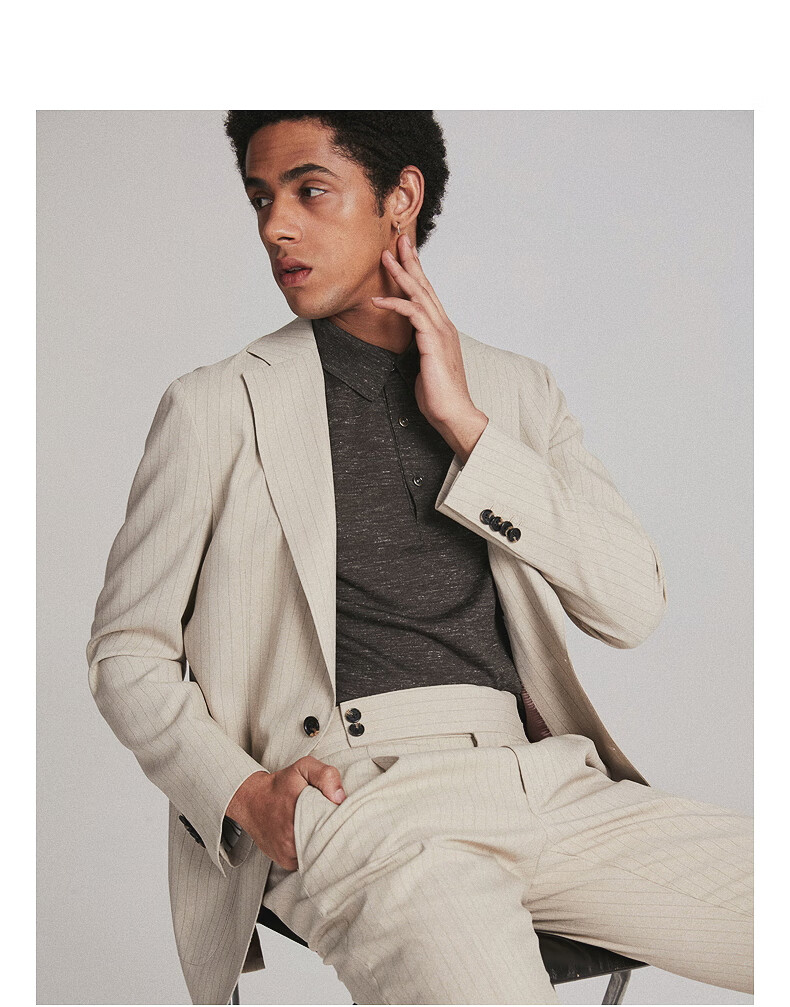 fullmonty条纹西装男春秋设计感休闲修身米色薄单西上衣西服外套米色