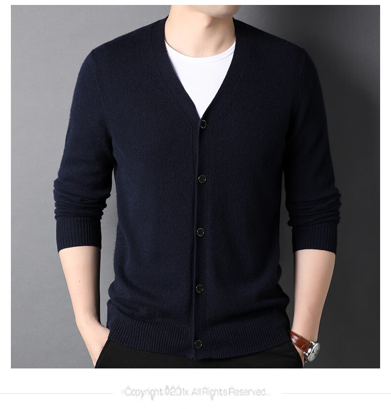 恒源祥羊绒衫纯山羊绒针织开衫男士春秋季v领纯羊绒休闲毛线外套中