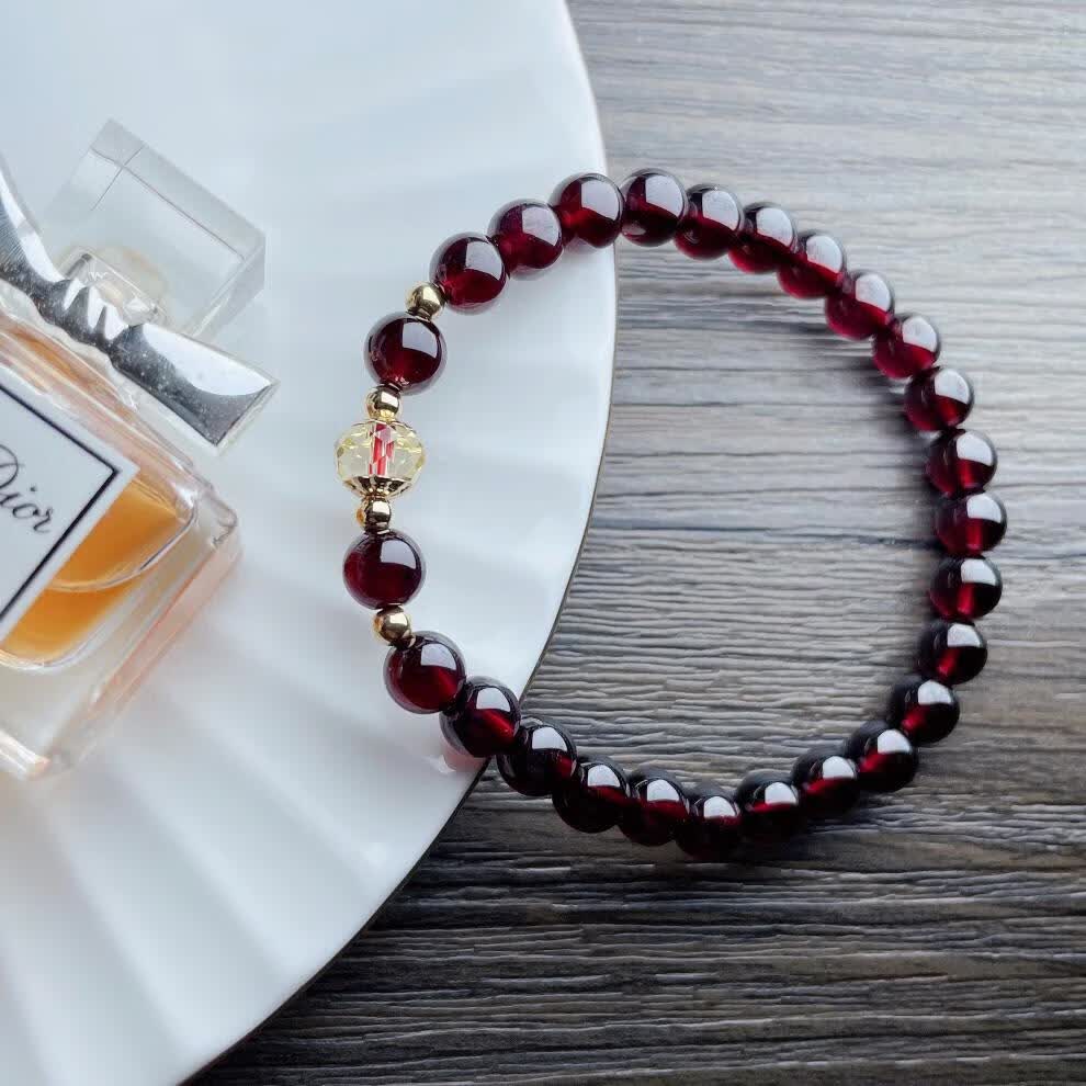 红石榴手链女酒红色石榴石切面黄水晶手串红色宝石水晶美容 8mm石榴石