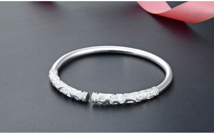 周大福同款如意金箍棒银手镯s999足银复古浮雕开口银镯子男女情侣手环