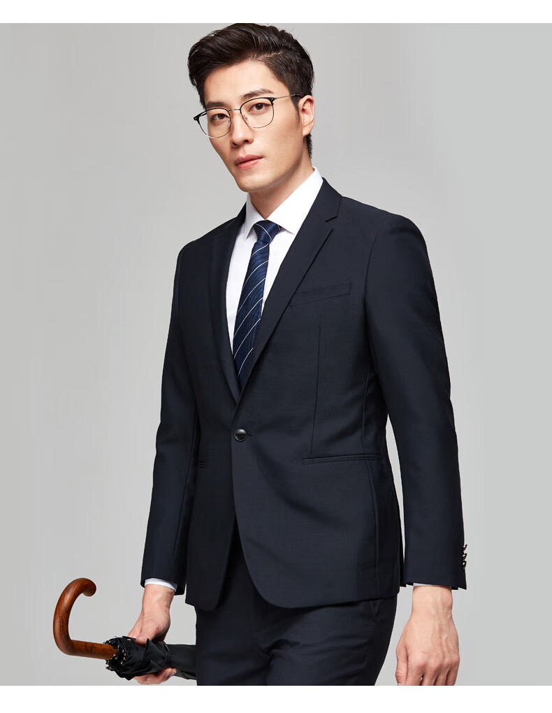 才子男装羊毛西服套装男士2020秋季新款商务正装修身职业上班西装 黑
