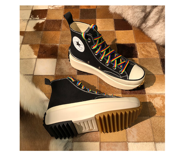 【官方正版 品牌直营】肖战郑爽同款鞋高帮帆布鞋女厚底增高彩虹休闲