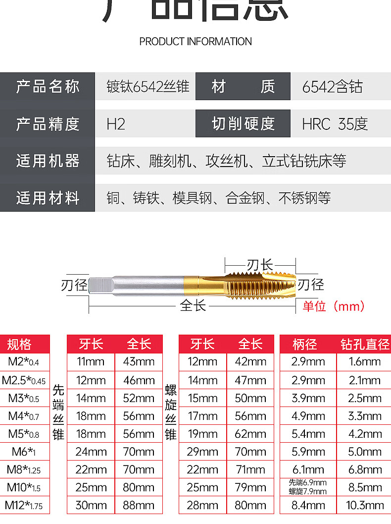 先端螺旋镀钛机用丝锥螺纹攻丝不锈钢丝攻牙钻头m3m4m