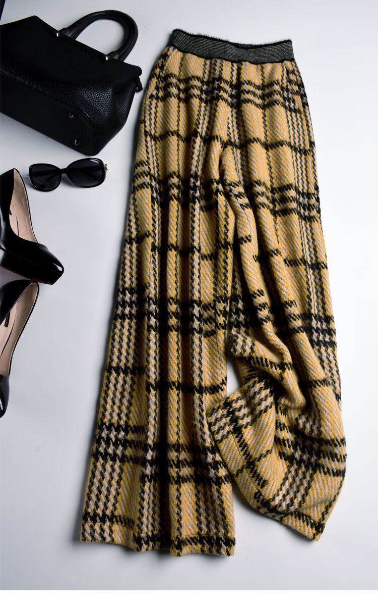 女休闲直筒高腰千鸟格垂感加厚毛呢阔腿裤长裤月日发黑白色加绒款2xl