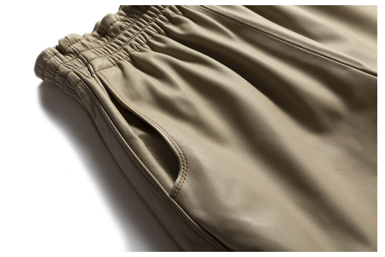 真皮短裤新款宽腿高a级小羊皮女皮裤松紧腰时尚裤子直筒裤 利休白茶色