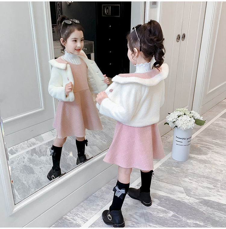 背心裙儿童秋冬季新款女孩洋气中大童三件套a089粉色背心毛衣110码