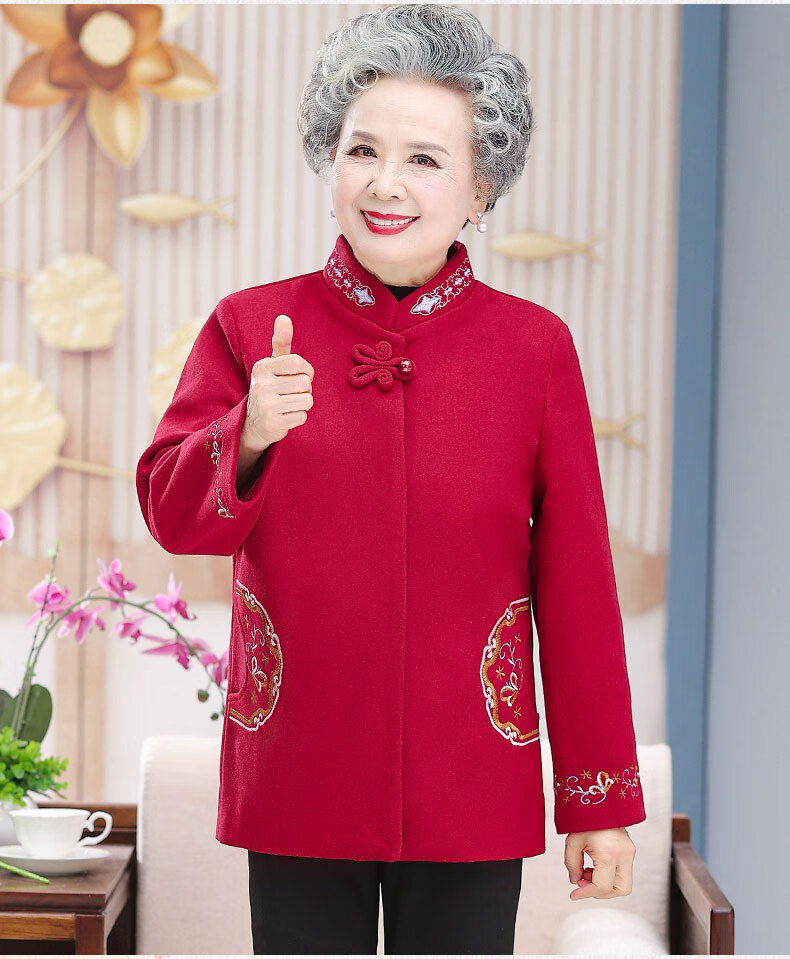 唐装呢外套短款中老年人女立领70岁8090妈妈生日上衣紫色xl90105斤