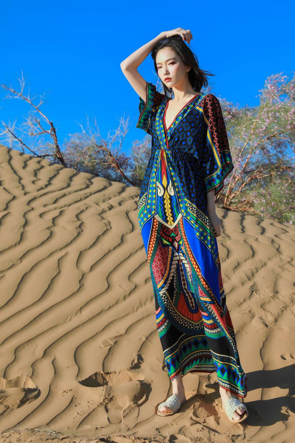 蝙蝠袖连衣裙民族风连衣裙新疆青海茶卡盐湖云南西双版纳旅游裙海边
