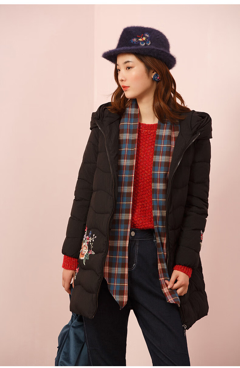渔牌女羽绒服中长款新款2020冬绣花连帽长服外套女黑17088al