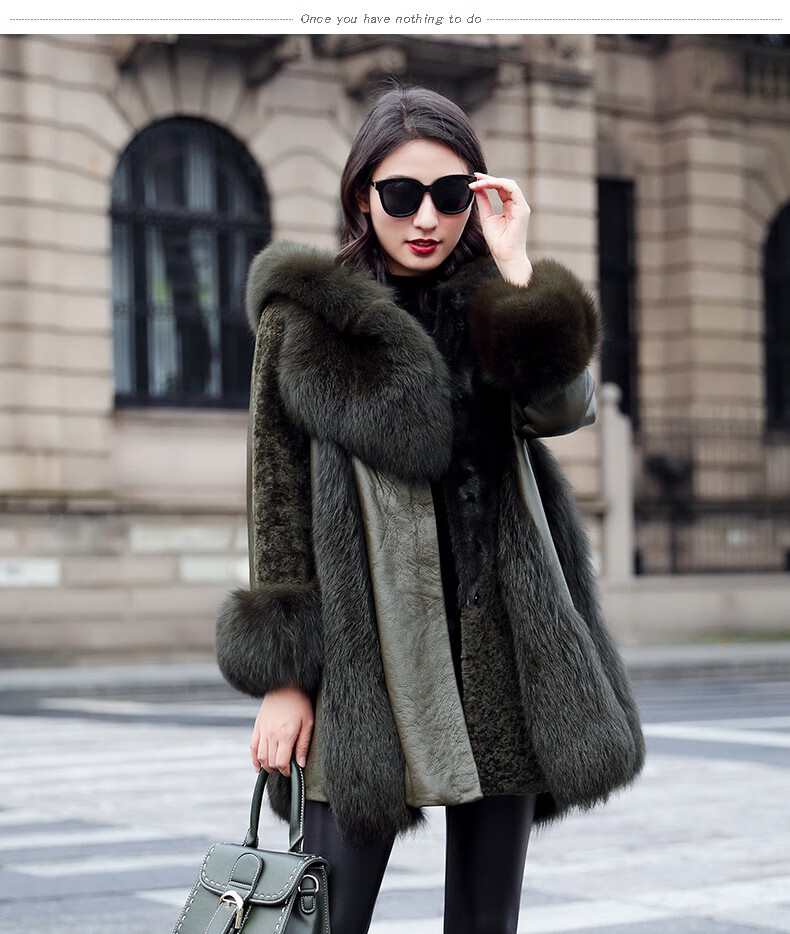 凯撒(kaiser)皮毛一体外套女中长款新款狐狸毛皮草海宁真皮羊剪绒大衣