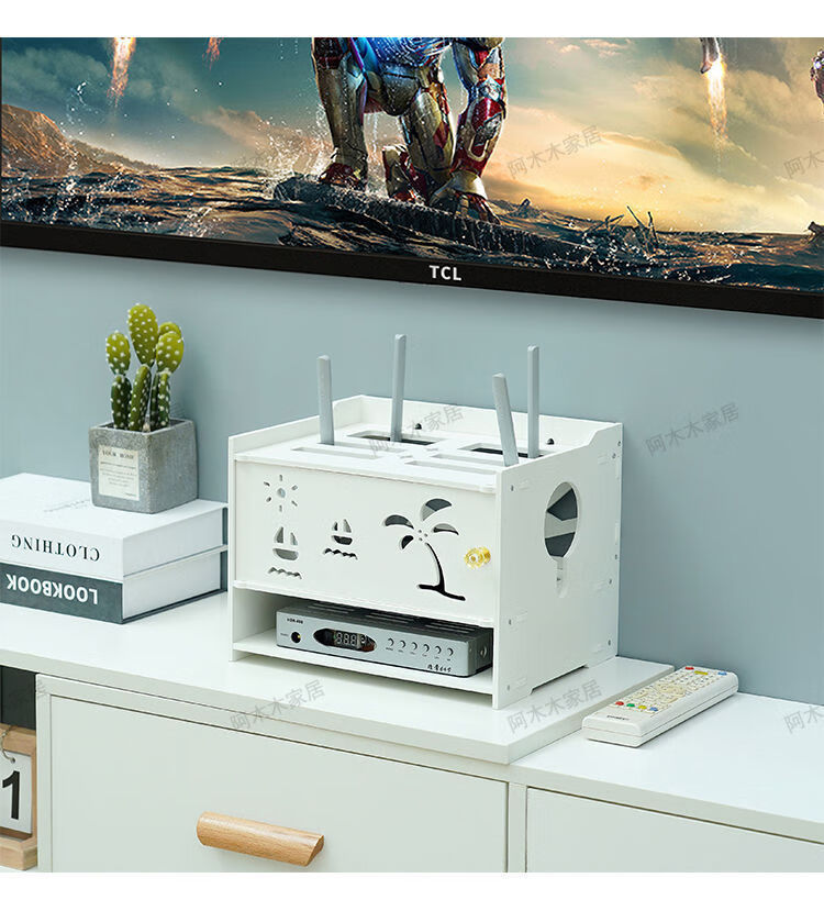 茉舟网线收纳盒客厅机顶盒wifi无线网挂墙路由器收纳盒插线板免打孔