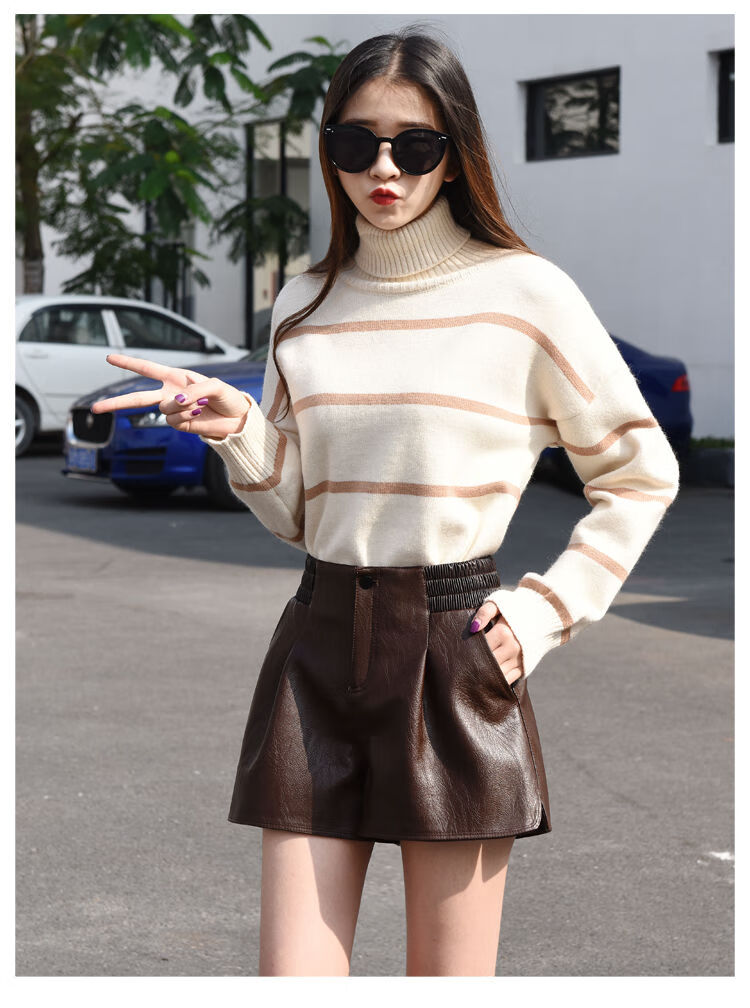 短裤女秋冬高腰宽松新款2020韩版阔腿靴裤外穿pu皮裤深咖啡色2xl建议