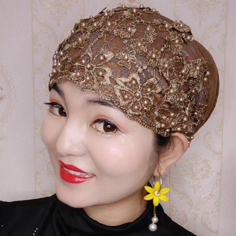 回族女人的套头纱巾时尚回族包头帽子女士休闲钉珠花边帽妈妈帽遮发套