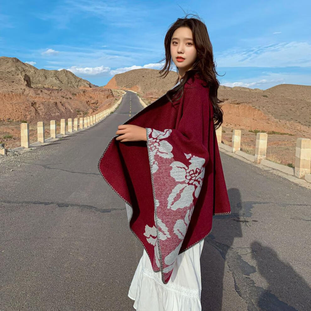 fangchi秋冬新款民族风两用女加厚保暖披风云南西藏旅行斗篷三菱酒红