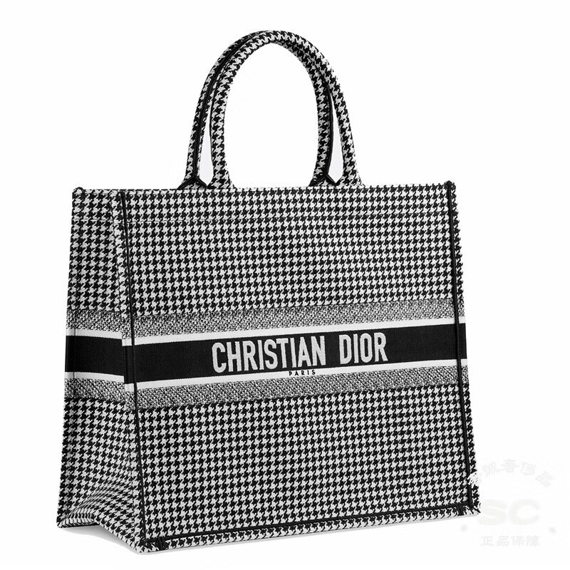 迪奥/dior book tote 黑色和白色千鸟格纹刺绣大号手提包托特包 预售