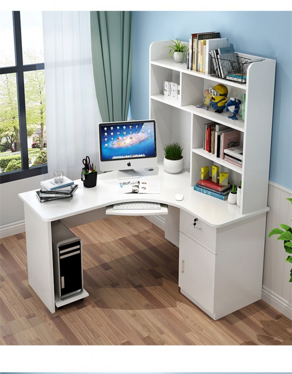 转角书桌书柜组合 实木电脑桌台式书桌家用写字桌书架书柜组合简约