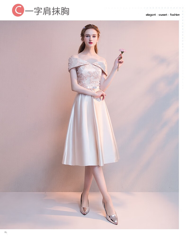 香槟色伴娘服女新款中长款姐妹团伴娘裙秋季小礼服裙简约大气d款中长