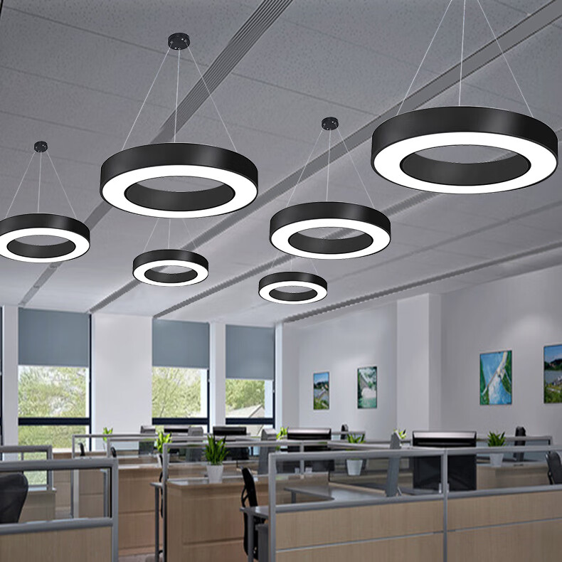 led圆形吊线灯商场网咖圆圈办公灯瑜伽健身房造型吊灯实心圆黑色30cm