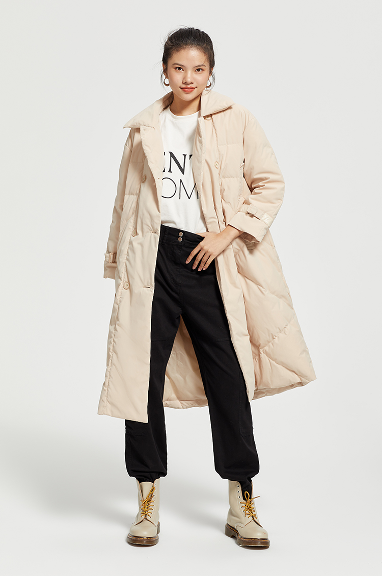 艾莱依2020秋冬新款长款修身羽绒服女收腰系带百搭翻领白鸭绒外套