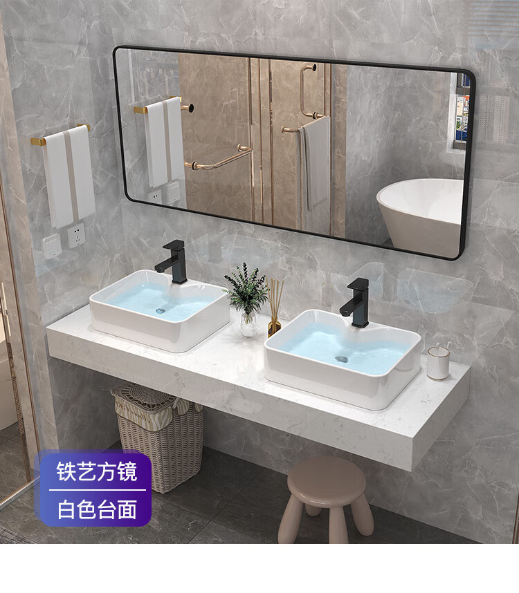 双台盆 公共卫生间大理石挂墙式双盆洗手盆装修一体洗漱台盆台上面盆