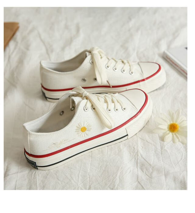 港武新款小雏菊休闲帆布鞋女百搭学生单鞋小白鞋平底韩版布鞋 黑色 35