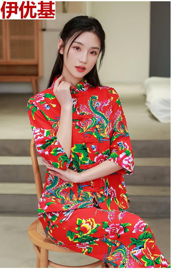 东北大花布衣服村姑二人装演出服装民族风女装广场舞棉麻盘扣套装