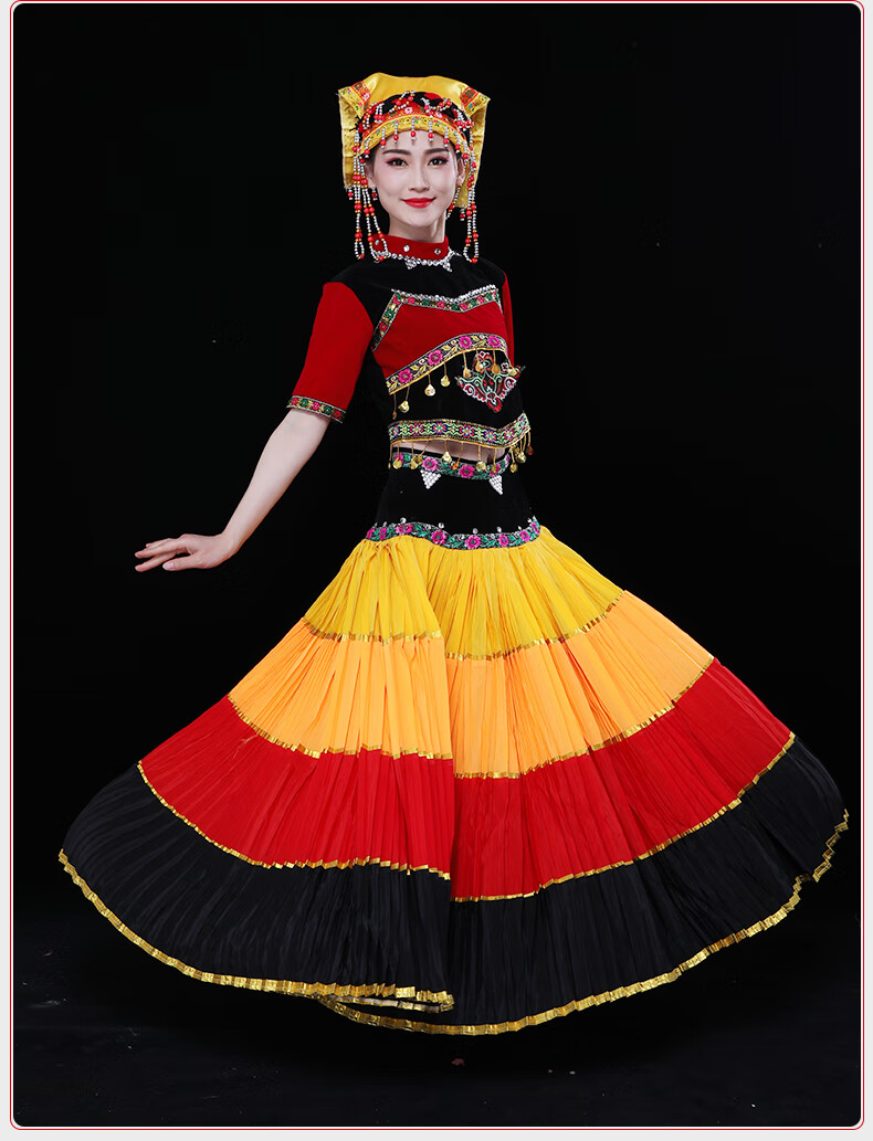 彝族大摆裙七月火把节七彩演出服民族舞蹈演出服装2021新款女 全套360