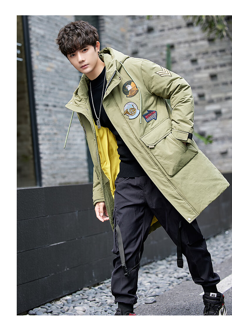 轻奢侈品牌廓形服男士中长款连帽显瘦白鸭绒工装年青少年冬季潮羽绒服