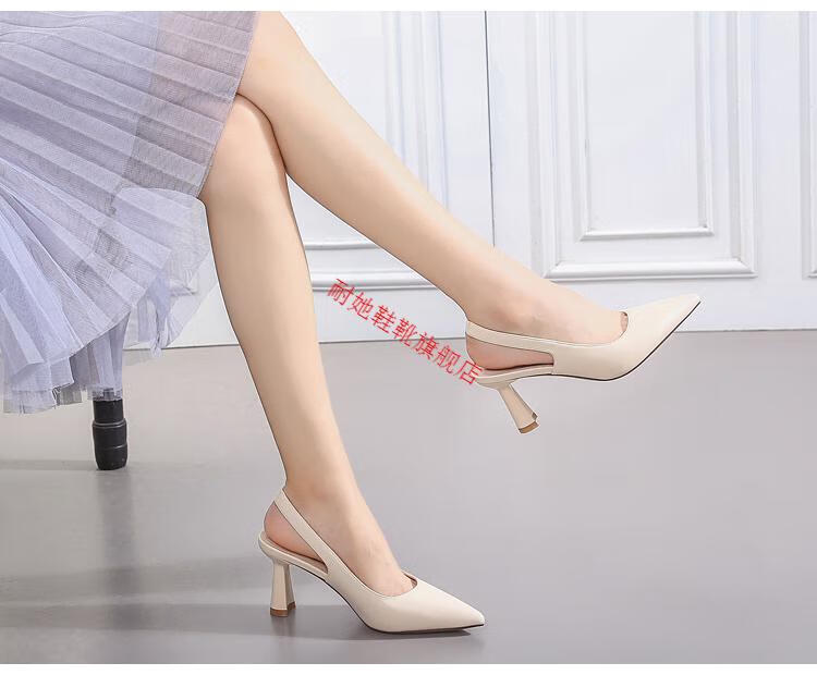 红青蜒头高跟鞋女粗跟2022夏季新款真的皮百搭包头凉鞋后空浅口单鞋