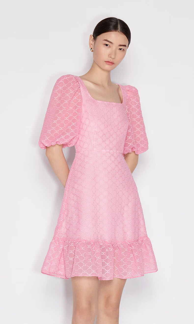 ochirly欧时力刺绣花边灯笼袖a字连衣裙 玫红130 xs【图片 价格 品牌