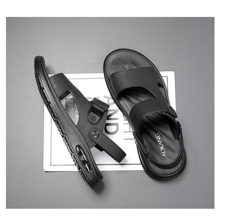 奥康凉鞋男2022夏季新款牛皮厚底气垫鞋外穿软底男士皮凉鞋潮 黑色 39