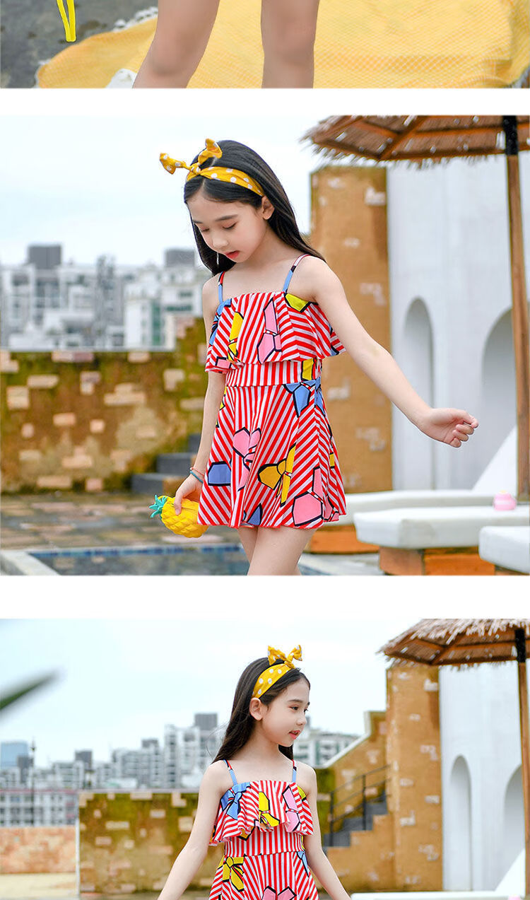 小学生泳衣女孩中大童分体比基尼可爱公主韩版运动大码儿童游泳装大红